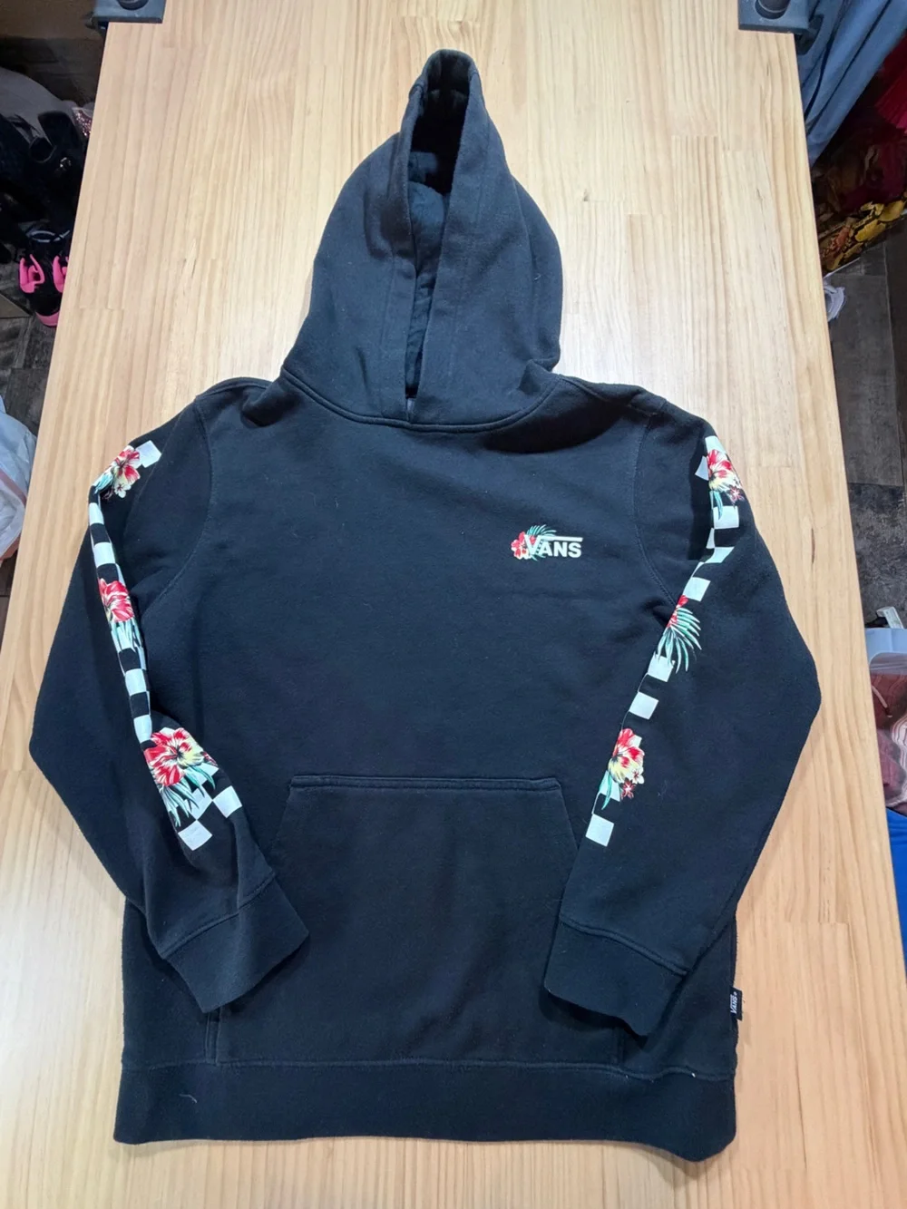 Vans Black Crewneck Hoodie with Floral Checker Sleeve Accents B7